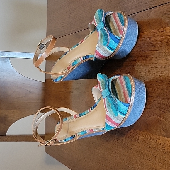 Anthropolgie Miss Albright platform wedge denim rainbow bow heels - Picture 2 of 6